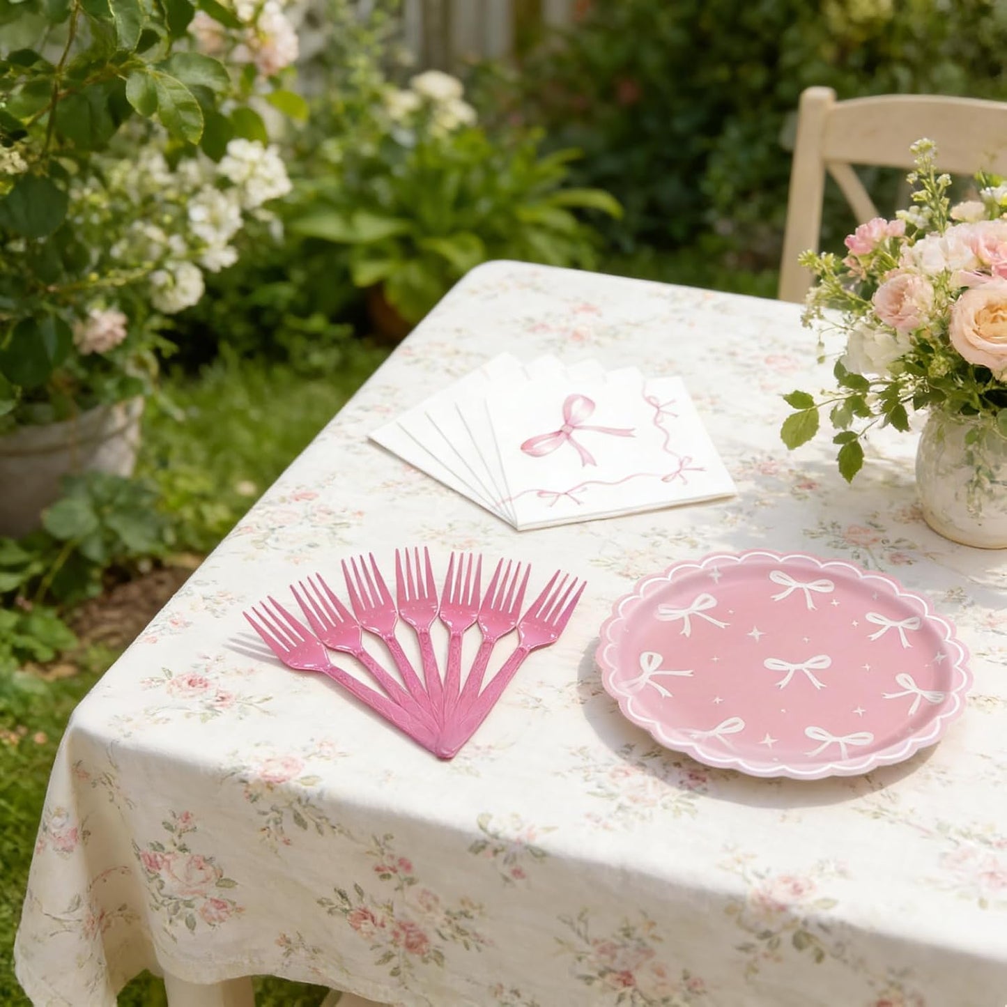 Pink Bow Party Supplies Set for 24 Guests, 96PCS Pink Disposable Tableware Set Includes Plates, Napkins & Forks, Aesthetic Baby Shower Birthday Bridal Shower Girl Party Decorations