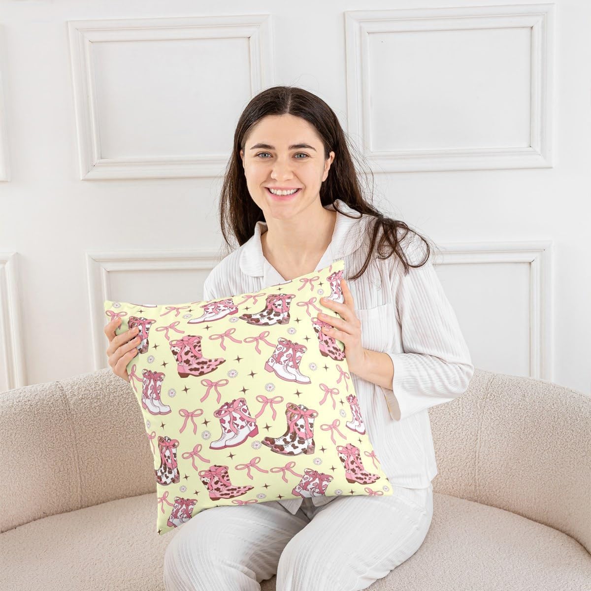 Cowgirl Western Cushion Covers Girly Bow Cushion Cases 24X24 Inch Pink Bowknot Cow Throw Pillow Covers For Living Room Sofa Accent Home Decor Yellow Farmhouse Cowboy Rustic Pillow Inserts Not Included