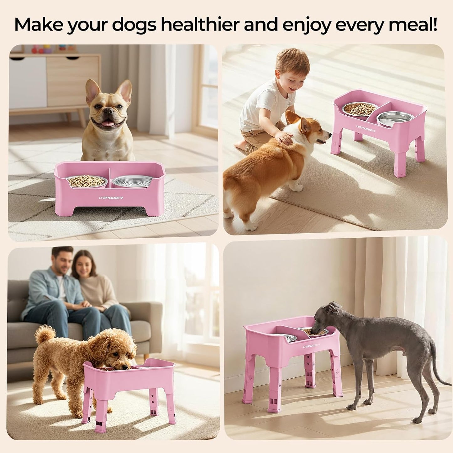 URPOWER Mess Proof Elevated Dog Bowls 4 Height Adjustable Raised Bowl Stand with 2 Stainless Steel Dog Bowls Non-Slip Food and Water Bowl Set for Small Dogs, Pink