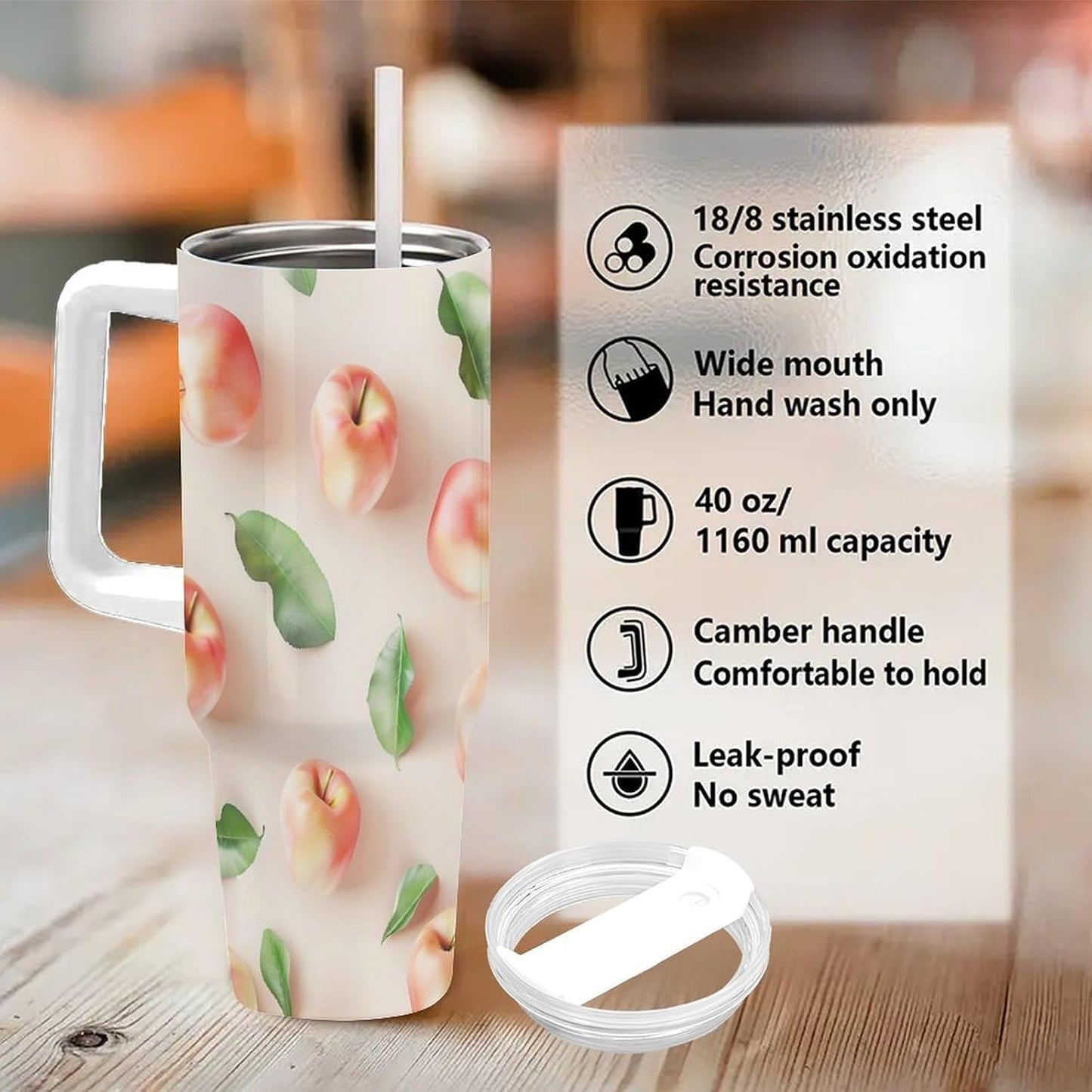 40oz Tumbler with Handle, Peaches And Green Leaves Pattern Printed Stainless Steel Travel Mug, Insulated Car Cup with Straw, Keeps Drinks Hot & Cold, Personalized Gift for Women & Men