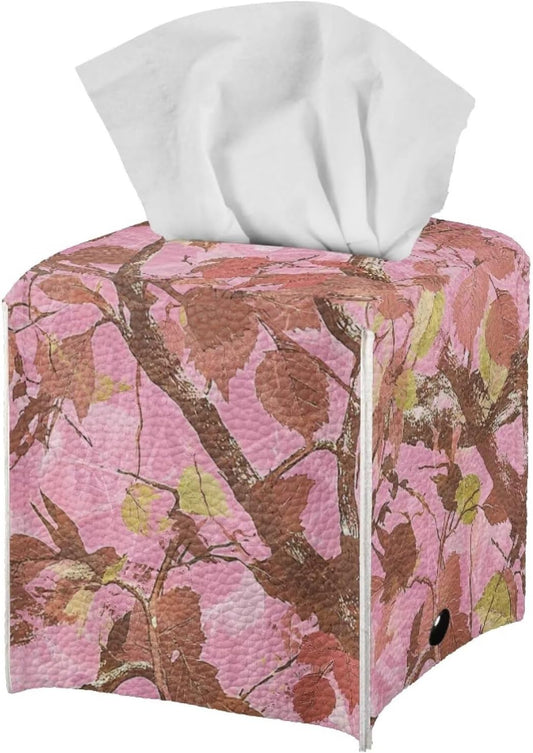 Pink Leaves Camo Tissue Box Cover Square Novelty Home Decorative Tissue Box Holder PU Leather Case Facial Paper Cube Napkin Organizer Dispenser with Bottom Belt