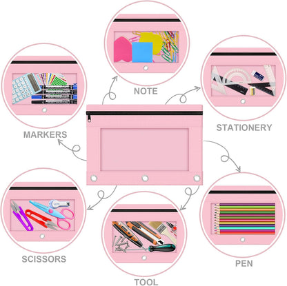 Pencil Pouch for 3 Ring Binder, 2 Pack Pencil Bags with Zipper, Pink Pencil Case for Classroom School Office Supplies, Large Sturdy and Durable Cloth Pencil Pocket for 3 Holder Binder