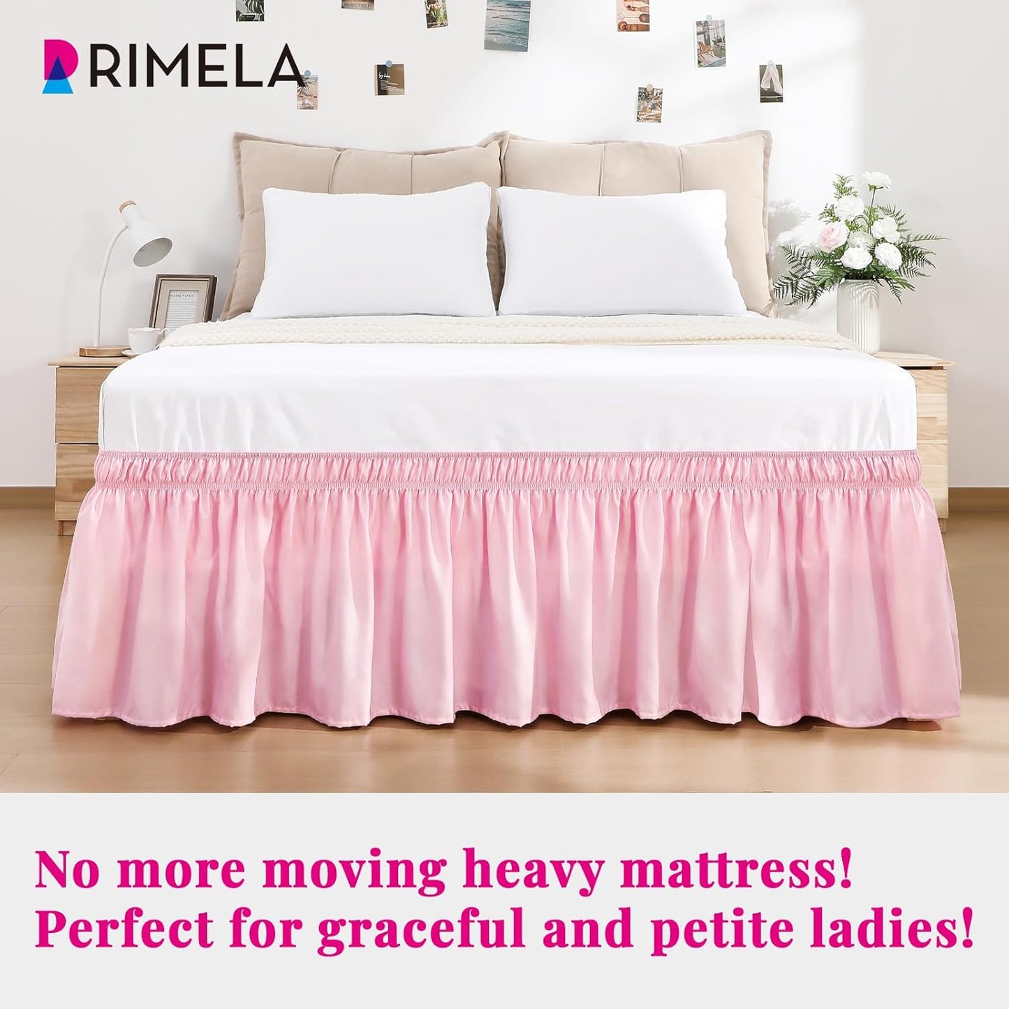 RIMELA Dusty Pink Bed Skirt Queen Size 15 Inch Drop, Wrap Around Elastic Bedskirt, Dust Ruffle for Adjustable Bed Base Machine Washable Easy to Install Bed Skirts