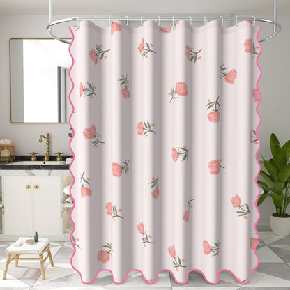 Floral Scalloped Shower Curtain with 12 Hooks 71x74Inches - Romantic Pink Roses Pattern, Waterproof Fabric Bath Curtain for Modern and Girly Bathrooms Decor