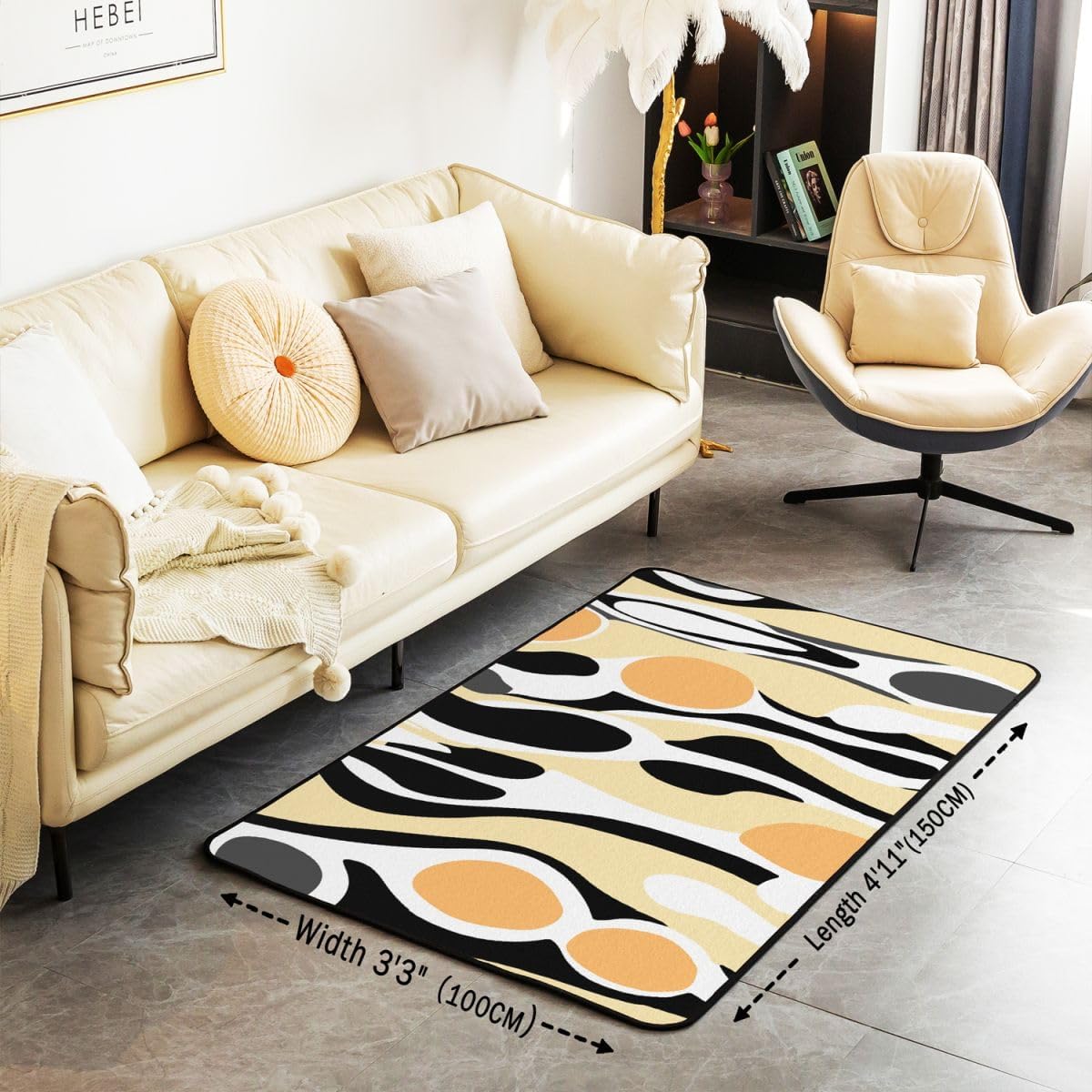 Organic Abstract 3 x 5 Area Rug Modern Contemporary Rugs for Living Room Boho Mid Century Wavy Lines Washable Rug, Retro Geometric Low Pile Carpet Indoor Floor Mat,Light Beige Peach