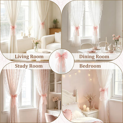 Dahey 2Pcs Bow Curtain Tiebacks Pink Ribbon Curtain Holdbacks with Bendable Metal Core Decorative Tie Backs Accessories for Curtains, Girls Bedroom Home Living Room Wedding Party Offices Decor