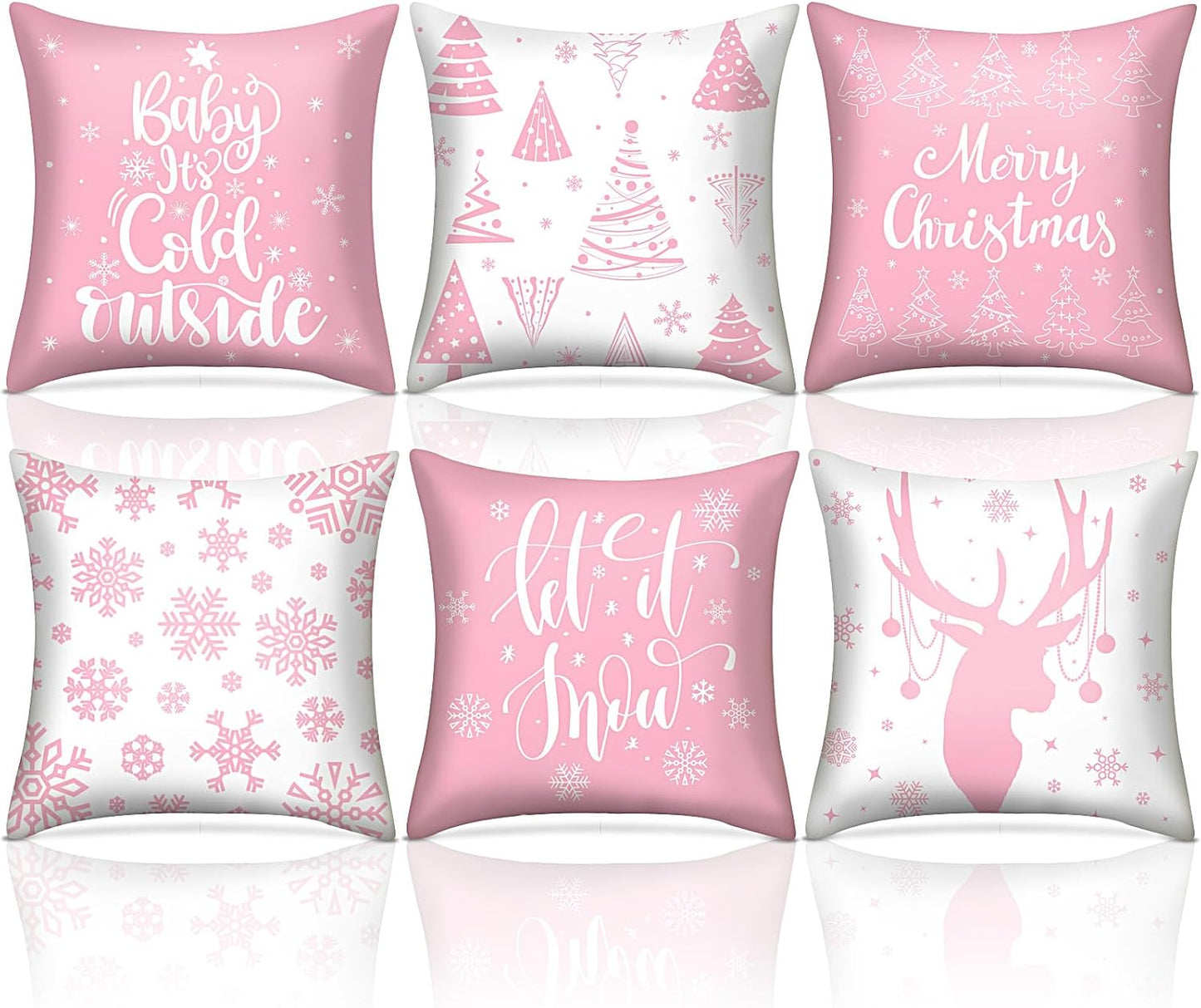 VitalCozy 6 Pcs 18 x 18 inch Christmas Throw Pillow Covers Xmas Cushion Covers Pillow Cases Snowflake Winter Throw Pillow Covers Christmas Decor for Bedroom Sofa Couch Cushion Square Home (Pink)