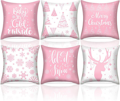 VitalCozy 6 Pcs 18 x 18 inch Christmas Throw Pillow Covers Xmas Cushion Covers Pillow Cases Snowflake Winter Throw Pillow Covers Christmas Decor for Bedroom Sofa Couch Cushion Square Home (Pink)