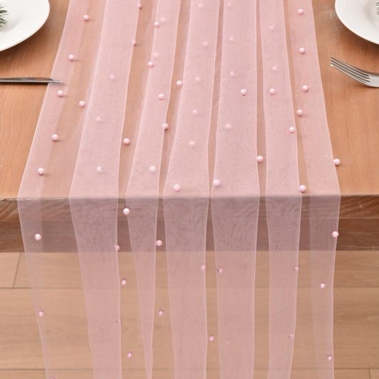 Joanlody Pearl Table Runner 10ft Rustic Boho Summer Tulle Runner with Pearls for Baby Shower Wedding Party Veil Dessert Table Decor Pink
