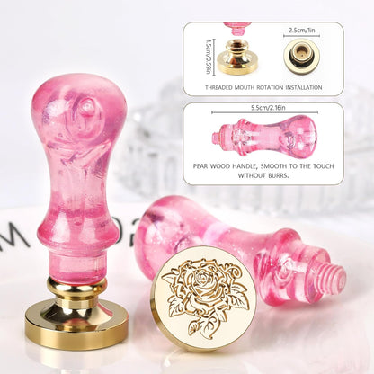 Wax Seal Stamp, Wax Seal Kit with Solid Brass Rose Pattern Seal Stamp Head 0.98 Inch Round & Pink Bubble Handle, Sealing Wax Stamp for Wedding Invitations Envelopes Gift Wrapping DIY Crafts
