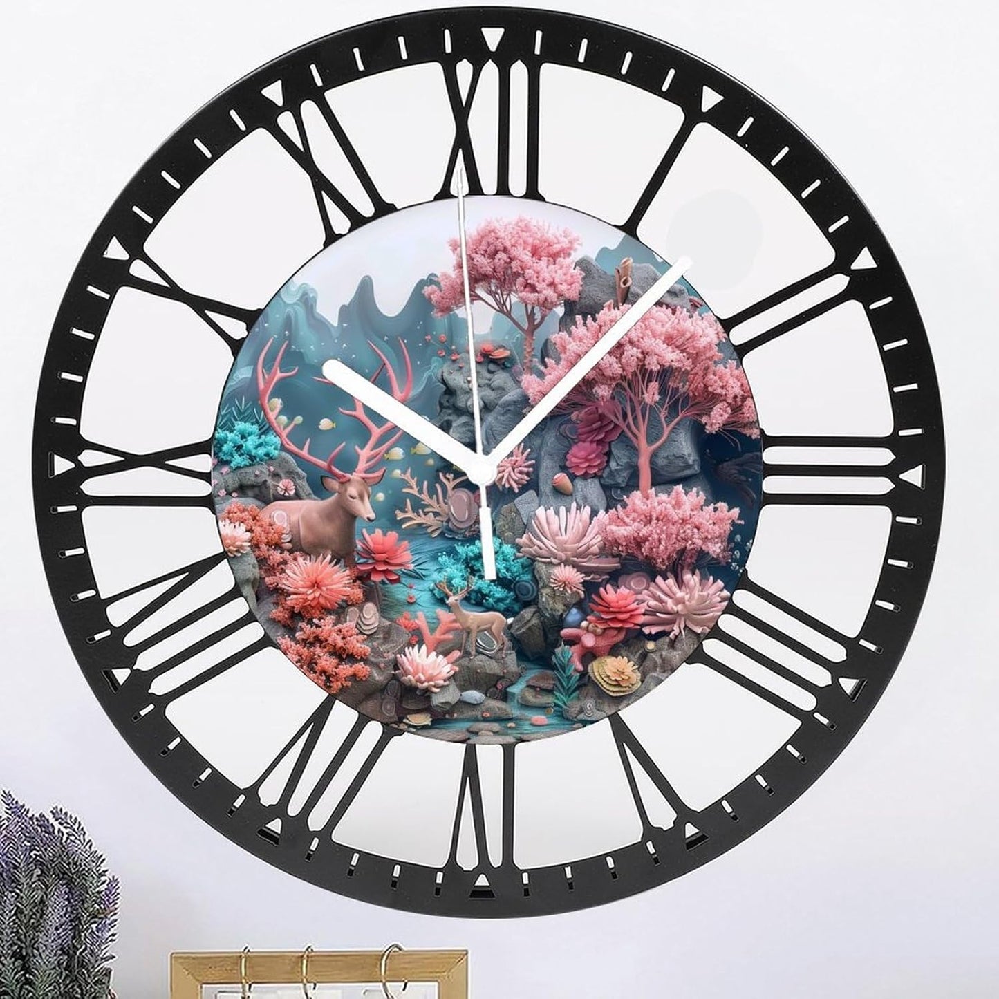 Metal Wall Clock for Living Room -10" Deer Among Pink Trees Coral Stream Silent Non Ticking,Battery Operated, Antique Clocks for Farmhouse,Bedroom,Kitchen - Rome Numerals