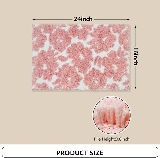 Civkor Pink and White Bathroom Rug, Tufted Flower Bath Mat for Bathroom with Non Slip TPR Backing, Quick Dry Microfiber Surface, Soft and Super Water Absorbent Bath Rug, 24x16Inch