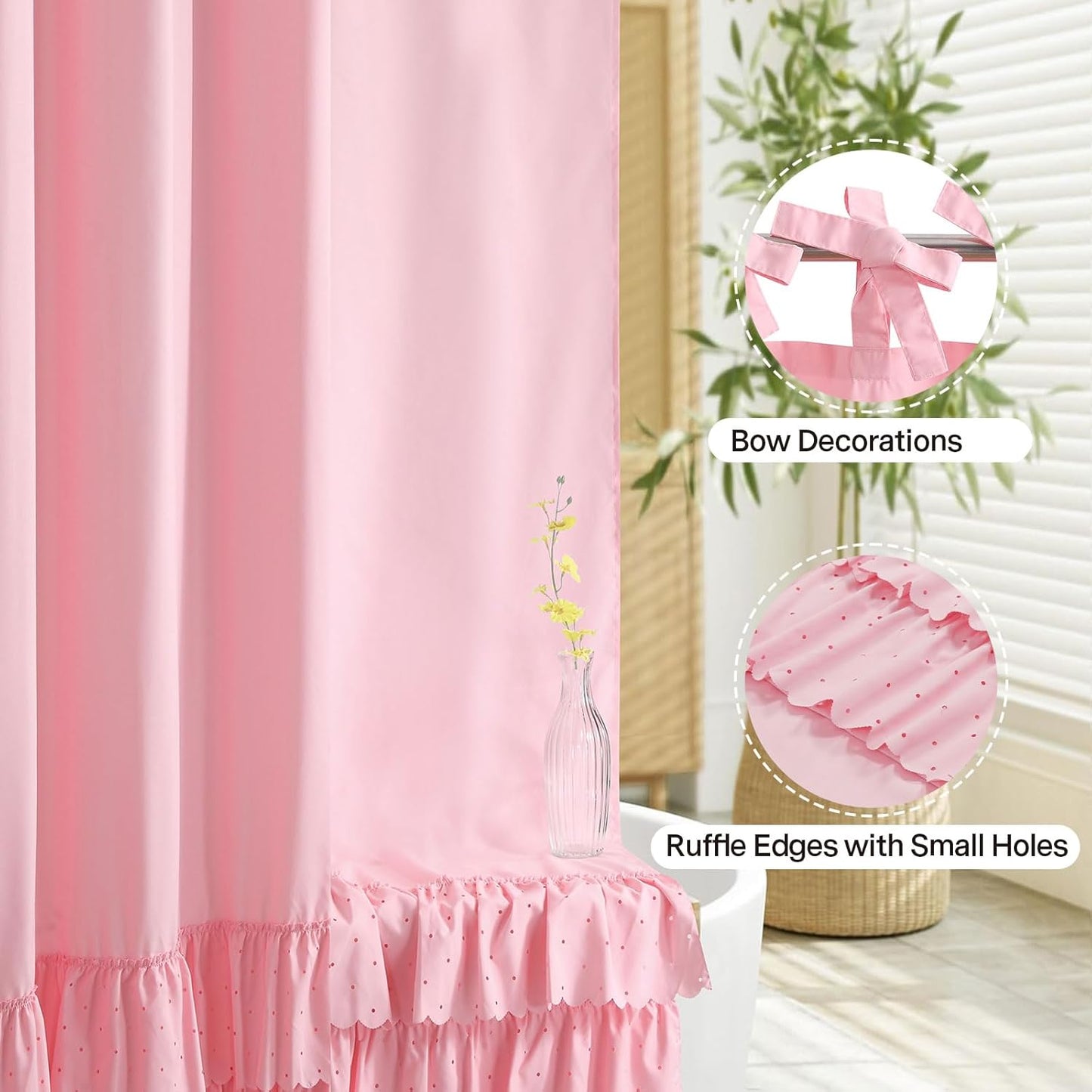 Boho Pink Ruffle Shower Curtains,Waterproof Microfiber Fabric Bow-Tie Decorative Bath Curtains for Bathroom,72" W x 72" H