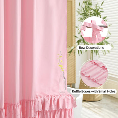 Boho Pink Ruffle Shower Curtains,Waterproof Microfiber Fabric Bow-Tie Decorative Bath Curtains for Bathroom,72" W x 72" H