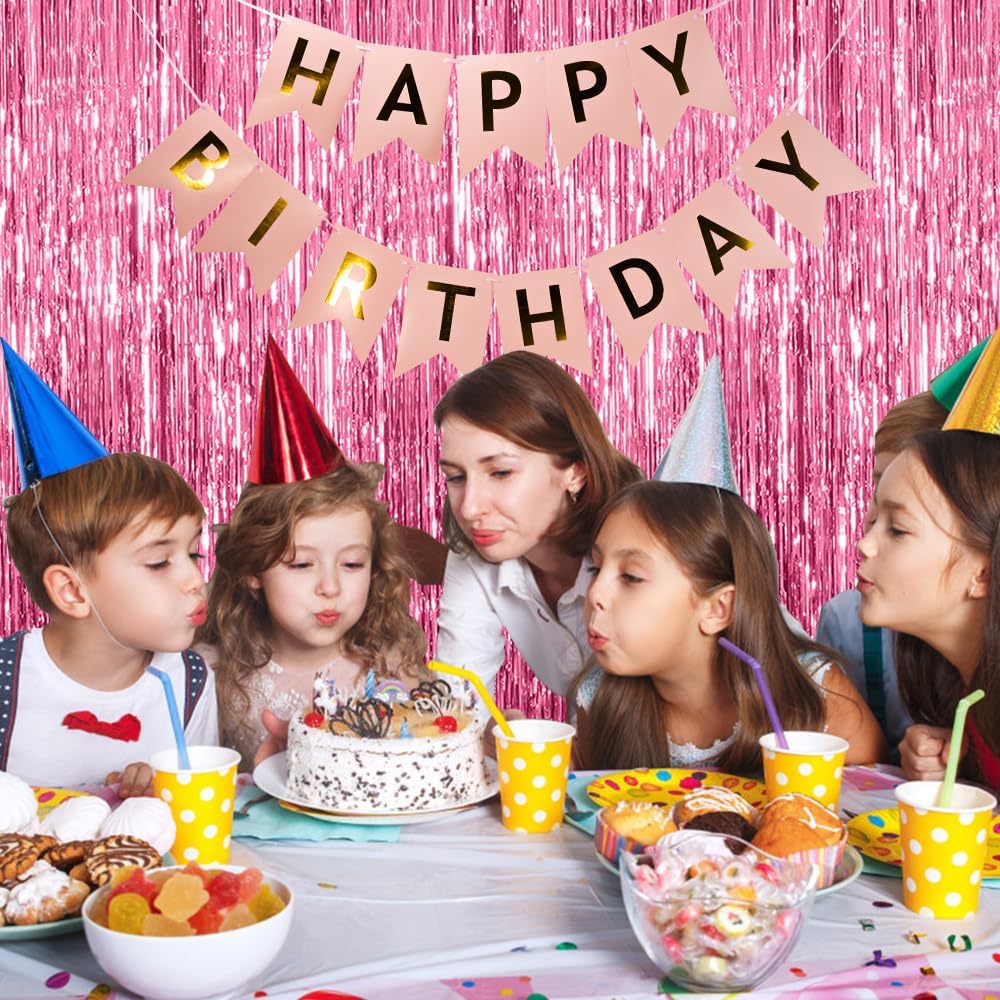 3 Pack Pink Backdrop Birthday Party Decorations Tinsel Foil Fringe Curtains Backdrop Streamer Bachelorette Christmas Graduation Wedding Princess Pink Theme Party Decorations