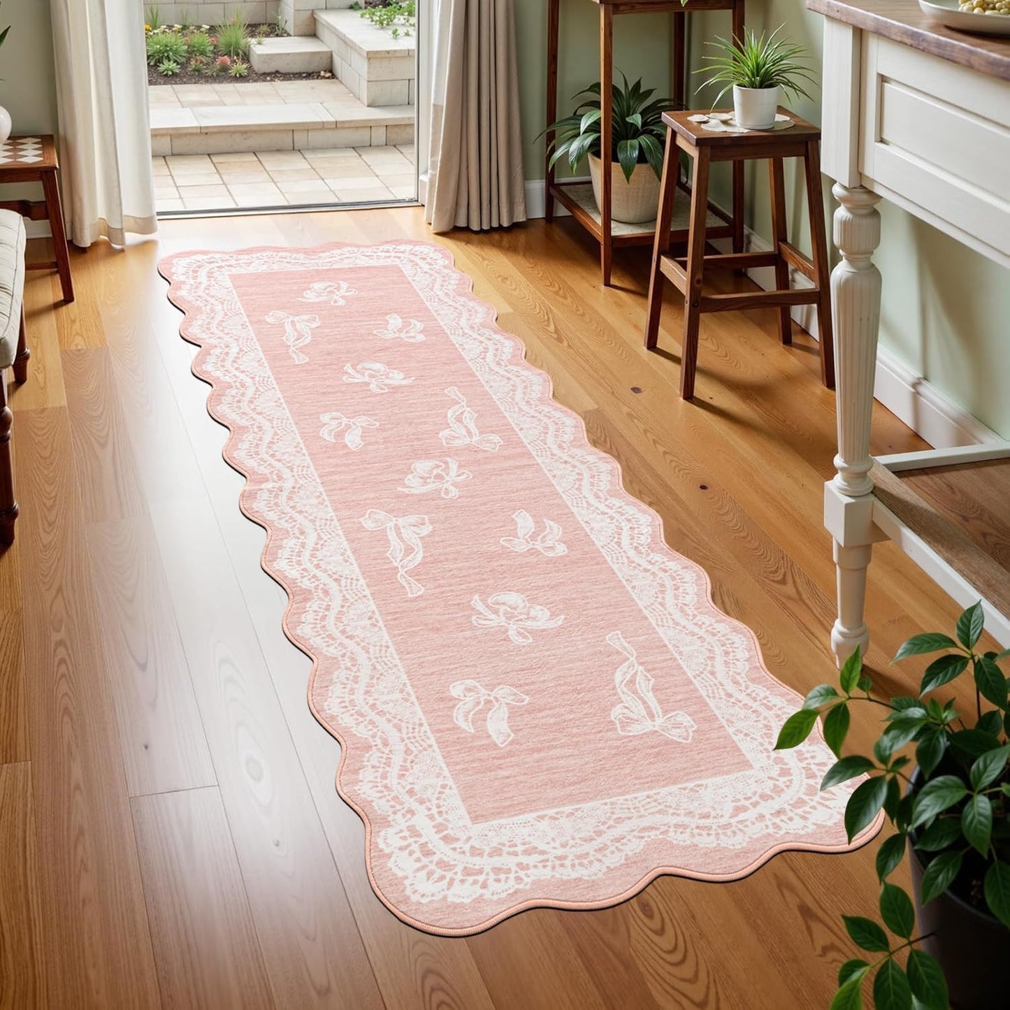 ORTIGIA Pink Scalloped Runner Rug 2x6, Washable Low Pile Non Slip Bathroom Rug with Bow for Hallway Bath Kitchen Bedroom Dorm Living Room Home Indoor Decor