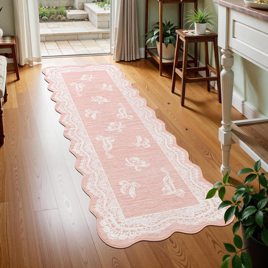 ORTIGIA Pink Scalloped Runner Rug 2x6, Washable Low Pile Non Slip Bathroom Rug with Bow for Hallway Bath Kitchen Bedroom Dorm Living Room Home Indoor Decor
