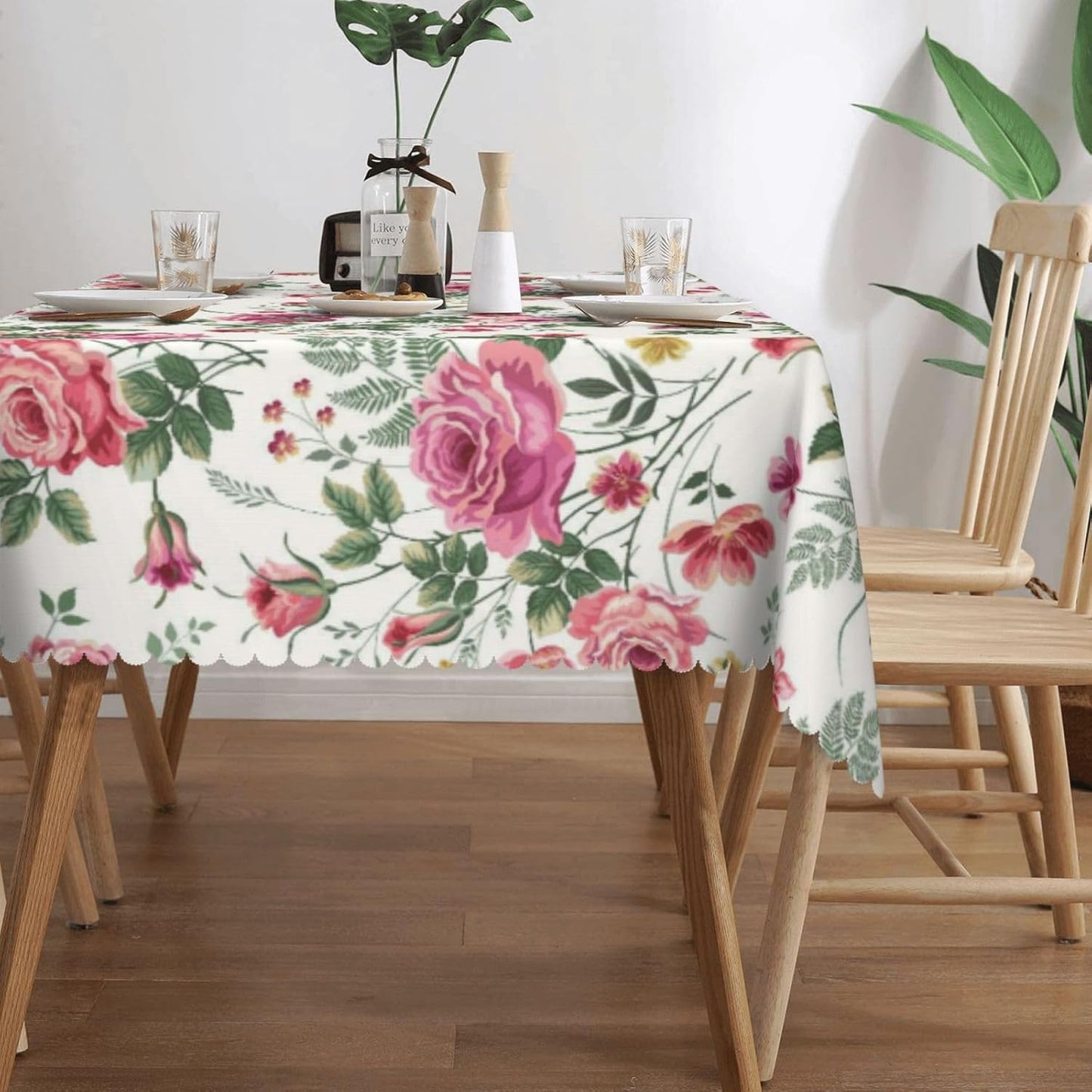 Flower Pink Rose Rectangular Tablecloth Floral Table Cloth with Wavy Lace Decoration Polyester Table Cover for Dining, Parties 54x72 inch
