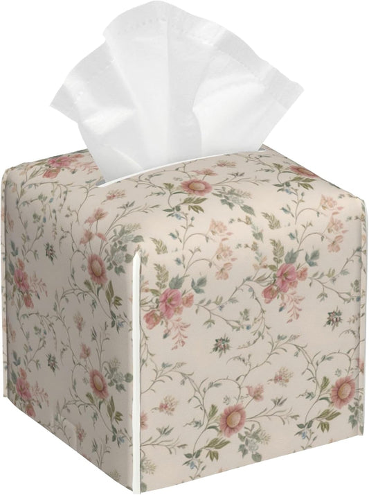 Vintage Pink Floral Flowers and Vines Tissue Box Cover Square Leather Tissue Holder Waterproof Facial Paper Organizer Dispenser Cube Paper Cover Case for Home Office Bathroom Vanity Countertop