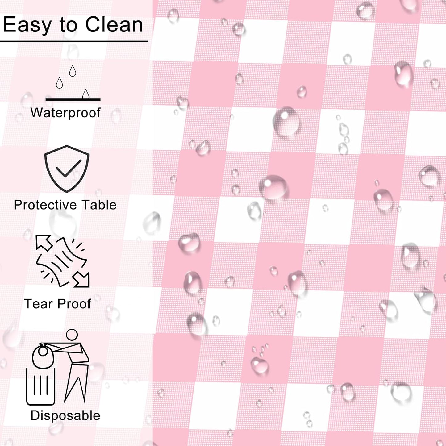 2 Pack Pink Gingham Tablecloth Rectangular Pink and White Checkered Tablecloths Disposable Plastic Pink Plaid Table Cover for Parties, Outdoor Picnic, Birthday, Wedding, Camping 54 × 108 Inch