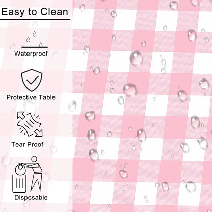 2 Pack Pink Gingham Tablecloth Rectangular Pink and White Checkered Tablecloths Disposable Plastic Pink Plaid Table Cover for Parties, Outdoor Picnic, Birthday, Wedding, Camping 54 × 108 Inch