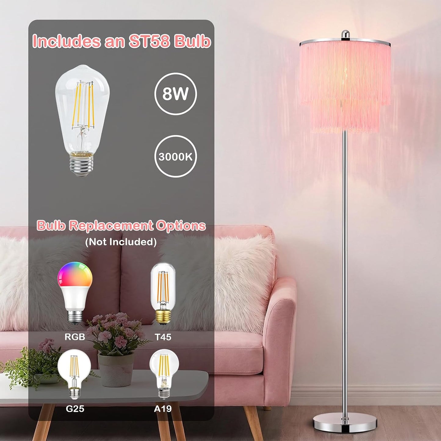 Lovlast Modern Floor Lamp with Pink Tassel Lampshade for Girls Room, 63" Tall Fringe Standing Bedroom Lamp with Soft Lighting, Boho Stand Up Corner Pink Lamp for Living Room（Bulb Included）