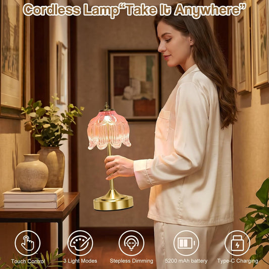 Cordless Table Lamp, Rechargeable Battery Powered Lamp with Touch Control, 3 Color Modes & Stepless Dimmable, Small Vintage Table Lamp for Bedroom Bathroom Kitchen Nightstand, (Pink)
