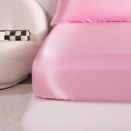 Twin Satin Bed Sheet Set, 3 Pieces Bed Sheet Set with Silky Solid Color, 1 Deep Pocket Fitted Sheet, 1 Flat Sheet, and 1 Pillowcase, Pink