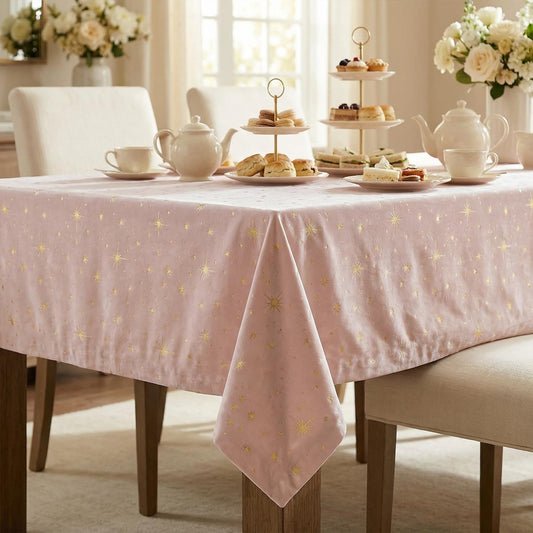 Horaldaily Pink Tablecloth 60×84 Inch Rectangular, Solid Rectangle Table Cloth with Golden Star Sequin, Spring Summer Table Cover for Wedding, Party, Banquet, and Events