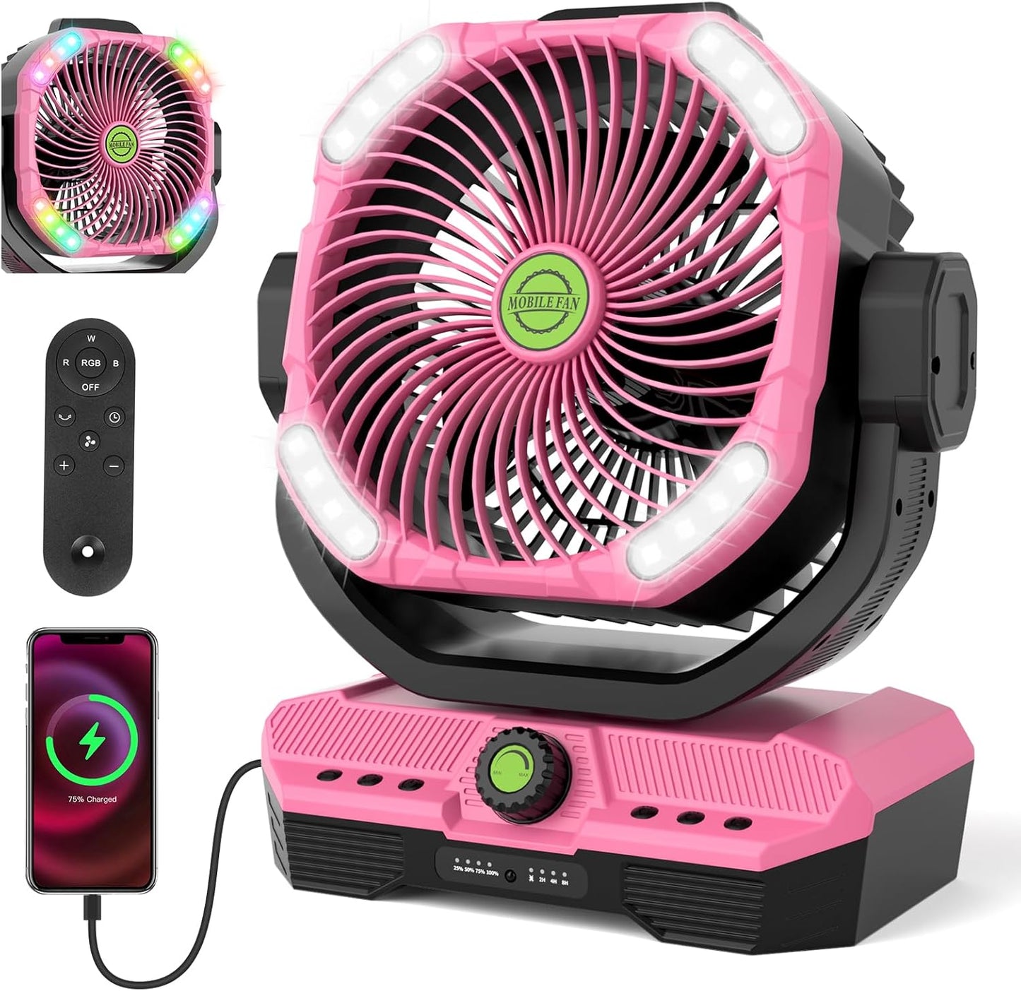 RUNTOP 45000mAh Large Battery Operated Fan, High Speed Oscillating Camping Fan with Remote,Quiet Adjustable Tilt Rechargeable Fans, Battery Powered fansfor Tent Home Office, Bedroom Travel (Pink)