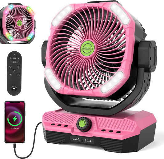 RUNTOP 45000mAh Large Battery Operated Fan, High Speed Oscillating Camping Fan with Remote,Quiet Adjustable Tilt Rechargeable Fans, Battery Powered fansfor Tent Home Office, Bedroom Travel (Pink)