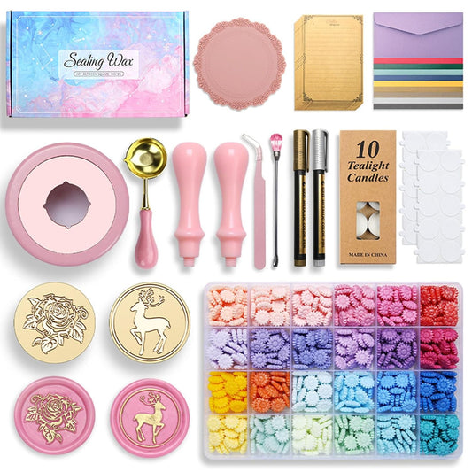 Wax Seal Stamp Kit, 24 Colors and 600 Pcs Beads with Gift Box, Sealing Wax Warmer, Stamp, Spoon and Metallic Pen, for Spring Gift and Decoration (Pink Series)