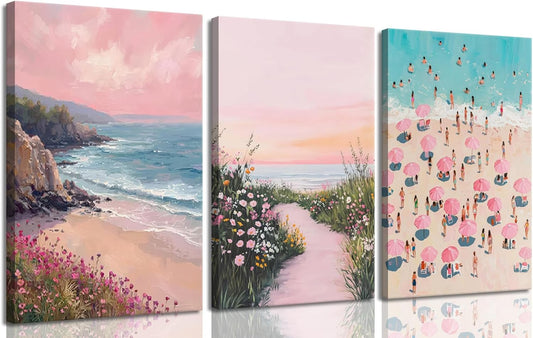 Myzoran 3Pcs Pastel Coastal Wall Art Pink Beach Blue Ocean Wildflowers Pictures Wall Decor Watercolor Beachy Preppy Posters Canvas Print Artwork for Beach House Bedroom Dorm Apartment-12x16in x3