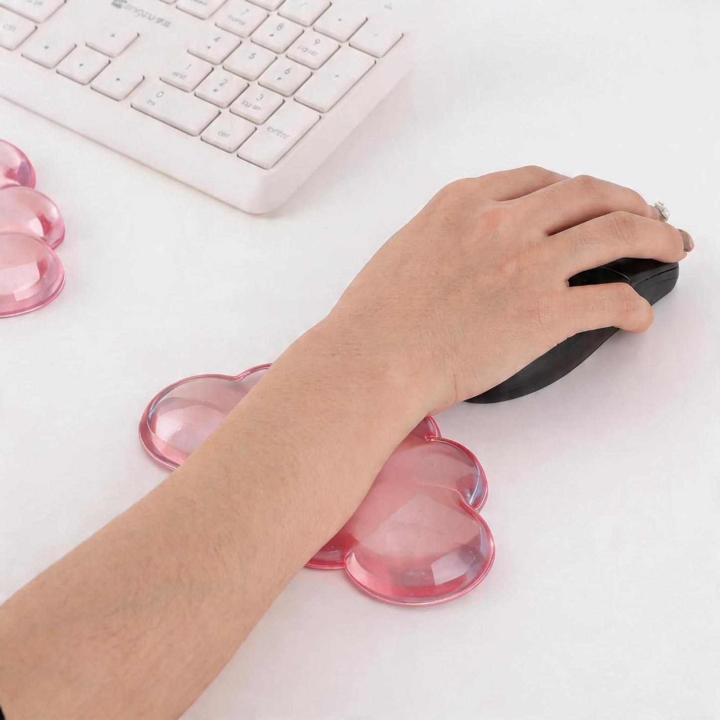 Cloud-Shaped Gel Wrist Rest Set, Transparent Silicone with PU Base, Keyboard and Mouse Pad Support (Light Pink)