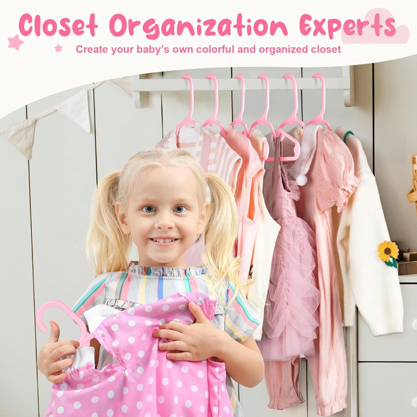 HOUSE DAY Premium Baby Hangers 20 Pack, 11 Inch Kids Plastic Hanger Pink, Slim Childrens Hangers for Infant, Toddler, and Child Clothes, Durable Baby Clothes Hanger for Closet