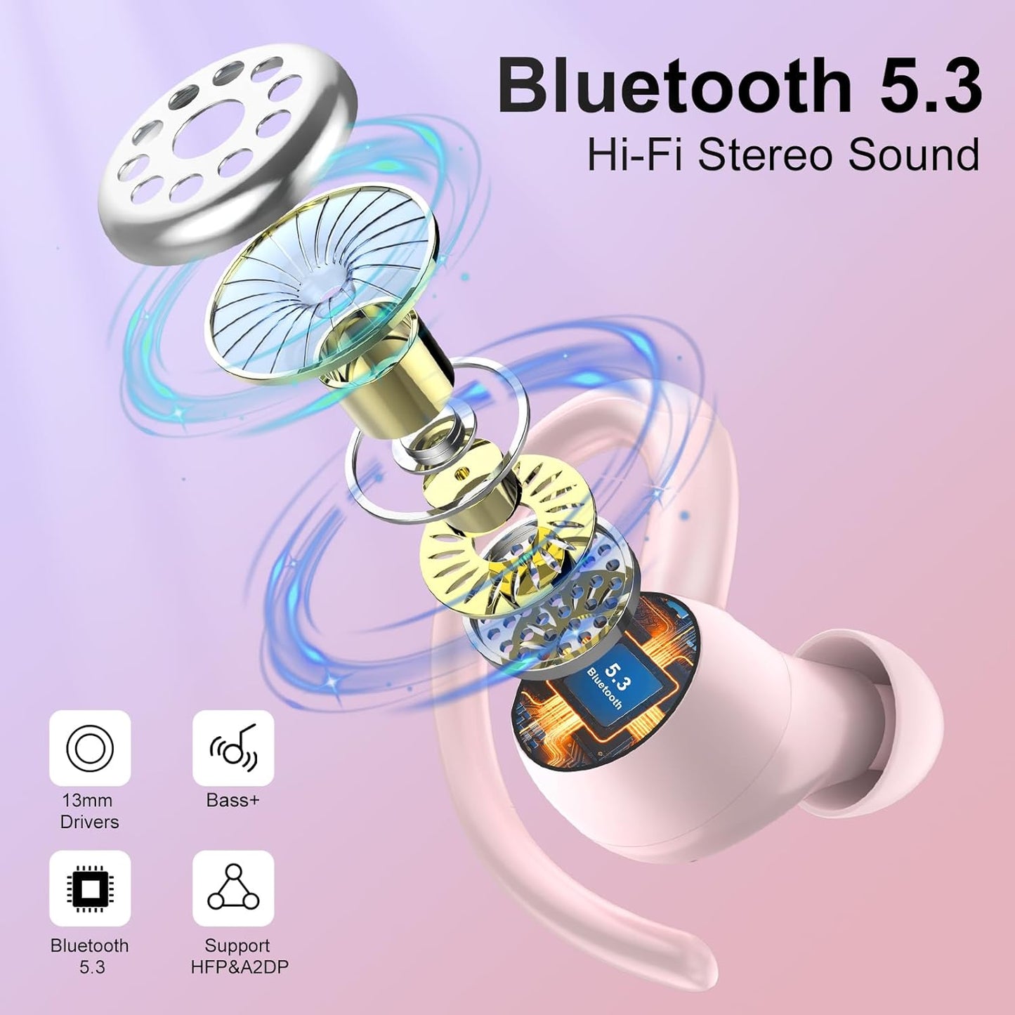 Wireless Earbuds Bluetooth 5.3 Headphones Sports, 48H Earphone with ENC Mic, Stereo Deep Bass Bluetooth Earbuds with Secure Earhooks, LED Display, IPX7 Waterproof Over Ear Buds for Running Coral Pink