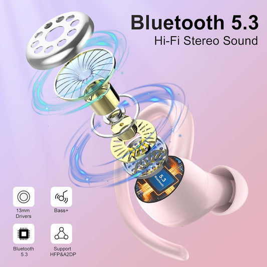 Wireless Earbuds Bluetooth 5.3 Headphones Sports, 48H Earphone with ENC Mic, Stereo Deep Bass Bluetooth Earbuds with Secure Earhooks, LED Display, IPX7 Waterproof Over Ear Buds for Running Coral Pink
