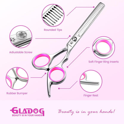 GLADOG Professional 4 in 1 Dog Grooming Scissors Set with Safety Round Tips, Sharp and Heavy-duty Pet Grooming Shears for Cats (Pink)