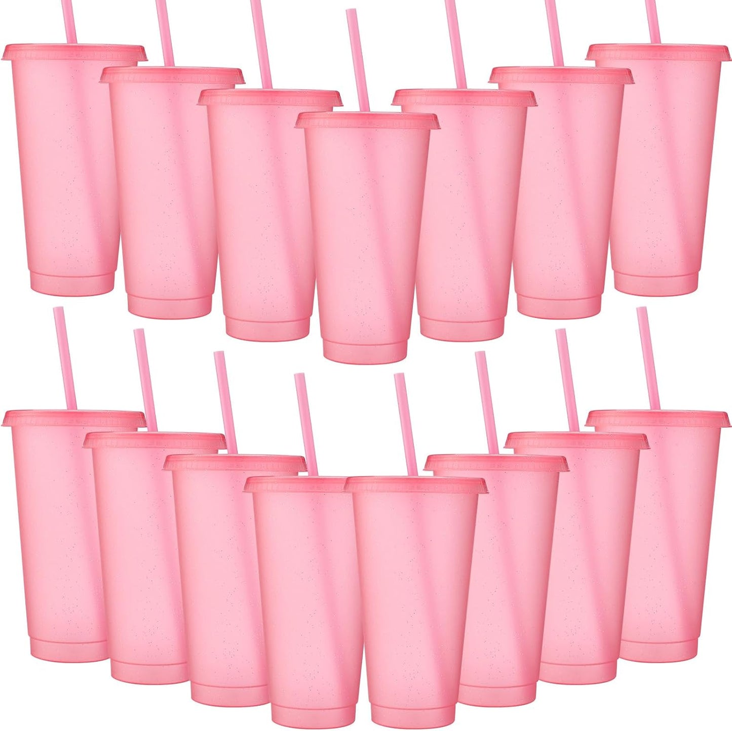 Honeydak 15 Pack Tumbler with Straw and Lid Bulk Cups for Gifts Glitter Plastic Coffee Cups 24-27 oz Reusable Water Bottle Iced Coffee Travel Mug Party Favors for Birthdays Travel (Light Pink)