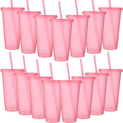 Honeydak 15 Pack Tumbler with Straw and Lid Bulk Cups for Gifts Glitter Plastic Coffee Cups 24-27 oz Reusable Water Bottle Iced Coffee Travel Mug Party Favors for Birthdays Travel (Light Pink)
