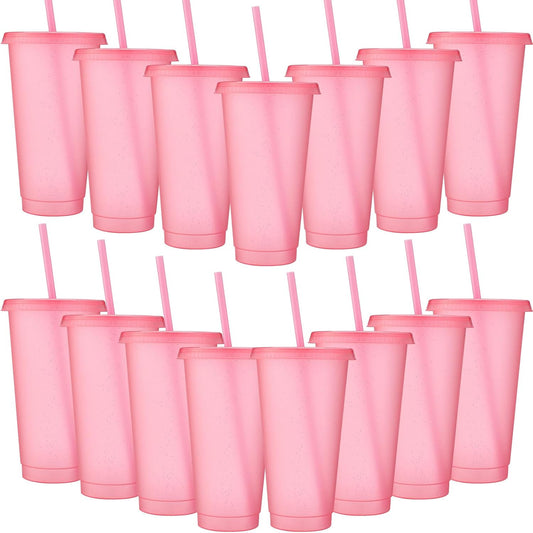 Honeydak 15 Pack Tumbler with Straw and Lid Bulk Cups for Gifts Glitter Plastic Coffee Cups 24-27 oz Reusable Water Bottle Iced Coffee Travel Mug Party Favors for Birthdays Travel (Light Pink)