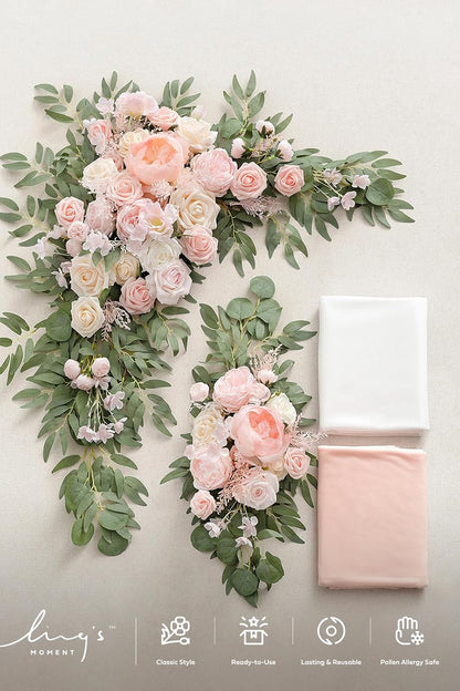 Ling's Moment Pink White Artificial Wedding Arch Flowers Kit Pack of 4, 2pcs Hanging Flower Arrangement 2pcs Chiffon Drapes Ceremony Reception Silk Rose Arbor Backdrop Floral Garden Outdoor Decoration