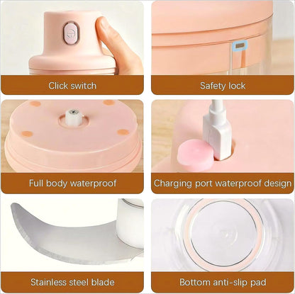 Electric Garlic Chopper, Pink USB Charging Wireless Food Mini Portable Veggie Garlic Grinder Masher Onion Cordless Blender Processor Crusher for Ginger, Chili, Fruit, Meat, Spices, Beans, etc (250ml)