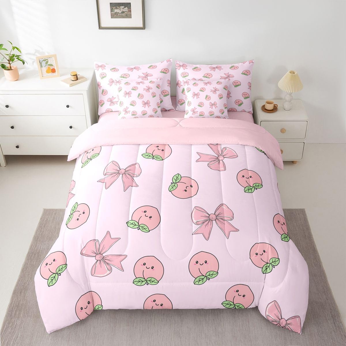 Erosebridal Bowknot 7 Piece Bedding Set Twin Peach Comforter Set with Sheets Cute Cartoon Peaches Kawaii Pink Bow Bed in a Bag Fruit Princess Ribbon Bowtie for Kids Boys Girls