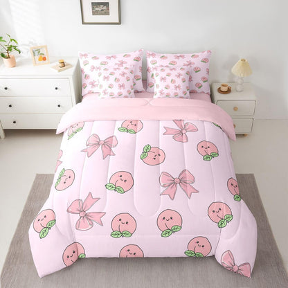 Erosebridal Bowknot 7 Piece Bedding Set Twin Peach Comforter Set with Sheets Cute Cartoon Peaches Kawaii Pink Bow Bed in a Bag Fruit Princess Ribbon Bowtie for Kids Boys Girls