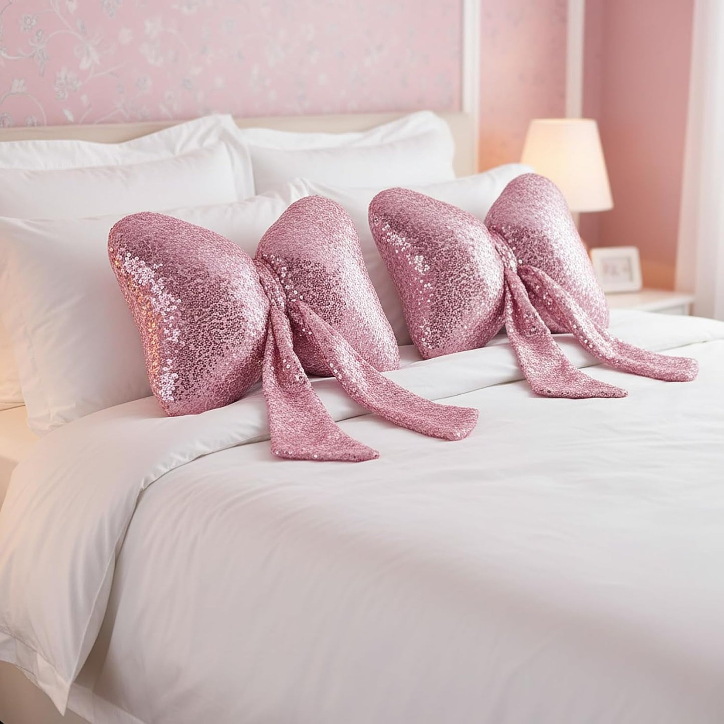 2 Pcs Pink Bow Pillow Bow Shaped Decorative Throw Pillow Soft Cute Cushion for Bed Couch Living Room Decor Women Gift (Sequins,11.5 x 9 Inch)