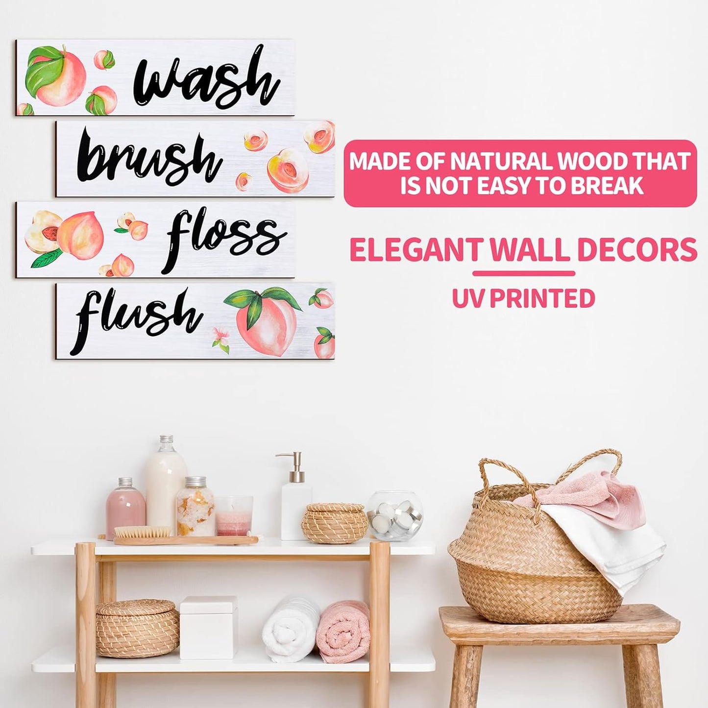 Yookeer 4 Pcs Peach Bathroom Wall Decor, Wooden Peach Bathroom Decor Rustic Wash Brush Floss Flush Hanging Letter Art Farmhouse Wood Hanging Signs for Laundry Room(11.8 x 3.5 Inch)