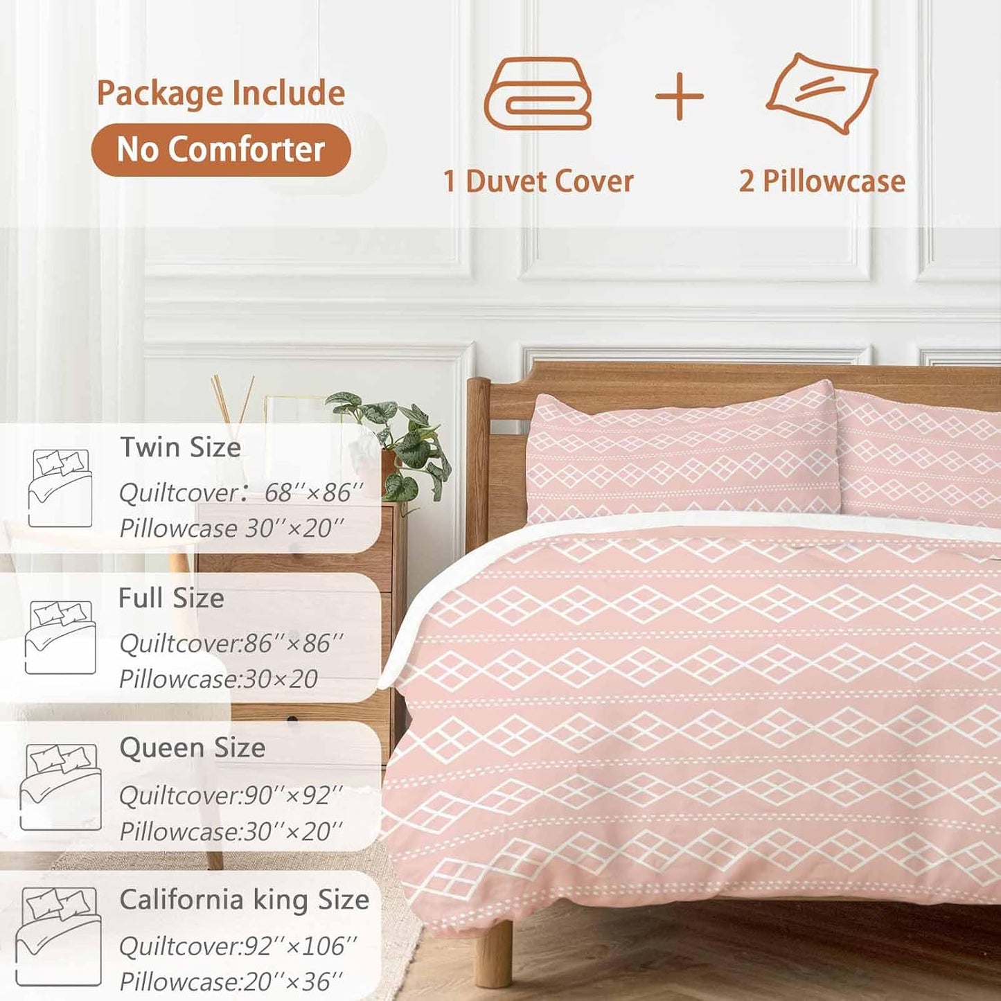 Peach Pink Checkered Full Bed Sheet Set - 3 Pieces (1 Fitted Sheet + 2 Pillowcases), Soft Microfiber Abstract White Geometric Argyle Stripe Sheets with Deep Pockets Decorative Bedding Set