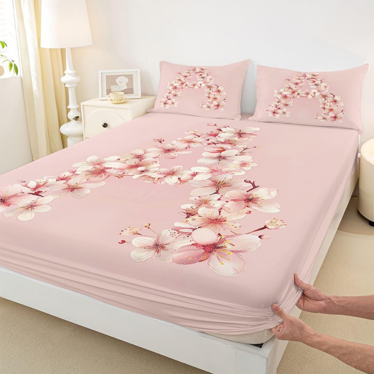 Feelyou Floral A Bed Sheets Set Queen Size Initial Letter Bed Set Romantic Flower Deep Pocket Fitted Sheet Breathable Soft Lightweight Microfiber