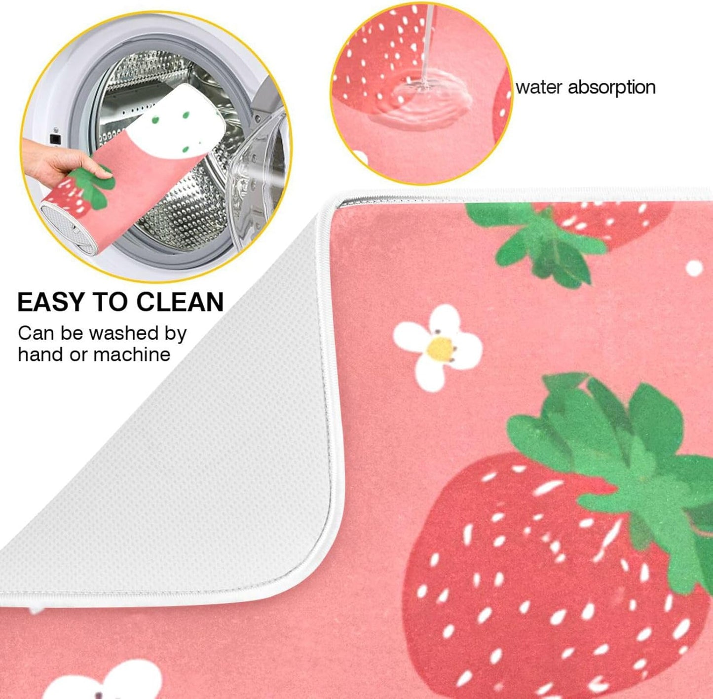 Dish Drying Mat 16x18 For Kitchen Counter Cute Strawberry Pink Green Absorbent Dishes Drainer Rack Mats Microfiber Reversible Dish Drying Pad Fast Dry Kitchen Accessories